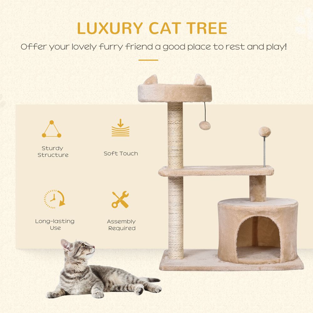 PawHut 81cm 3-Tier Cat Tree Activity Centre with Scratching Post, Hideaway House & Play Balls