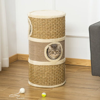 PawHut Cat Scratching Barrel with Sisal & Seaweed Rope - 70cm, Khaki & Brown