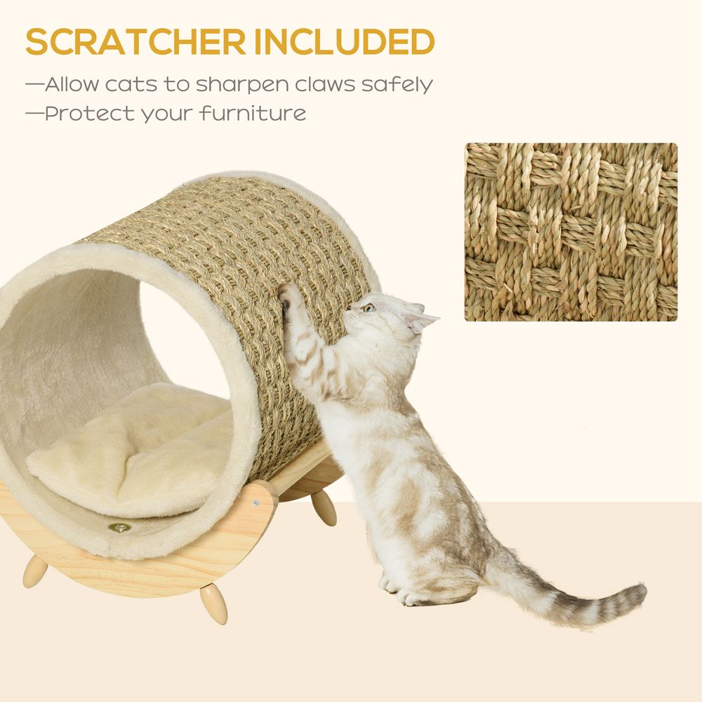 PawHut Elevated Cat House with Scratcher & Cushion - Beige