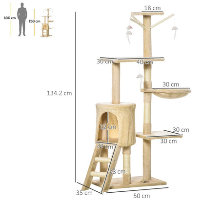 PawHut 131cm Cat Tree Activity Centre with House, Hammock, & Scratching Posts - Beige