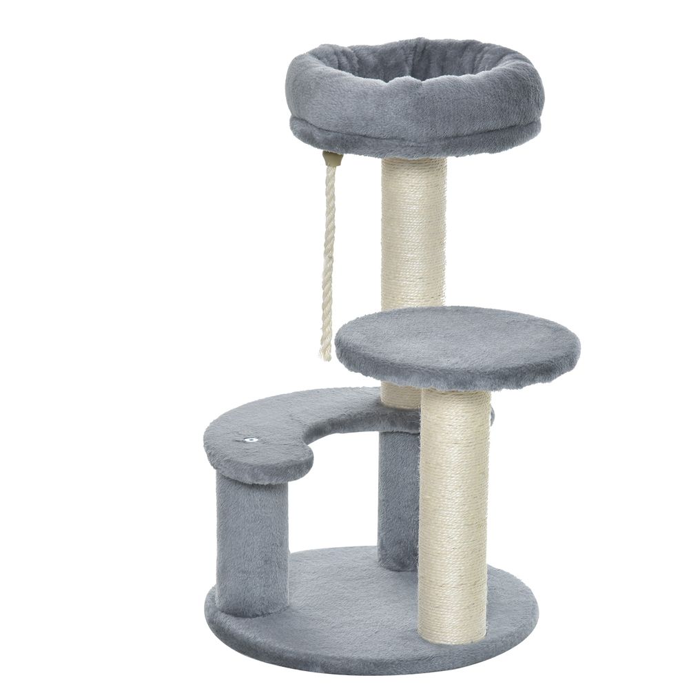 PawHut Cat Tree Scratcher with 2 Perches, Scratching Posts & Hanging Sisal Rope – Grey