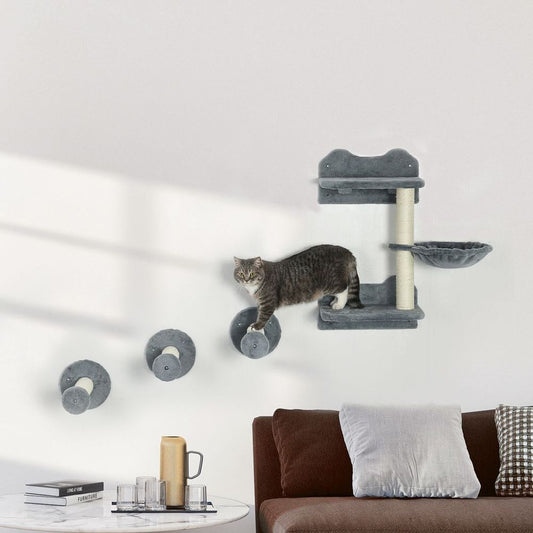 PawHut Wall-Mounted Cat Shelf with Scratching Post and Hammock - Indoor Cat Tree, Grey