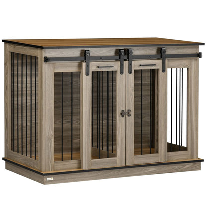 PawHut Dog Crate Furniture - Large Dog Cage with Divider & Side Table, Oak Tone