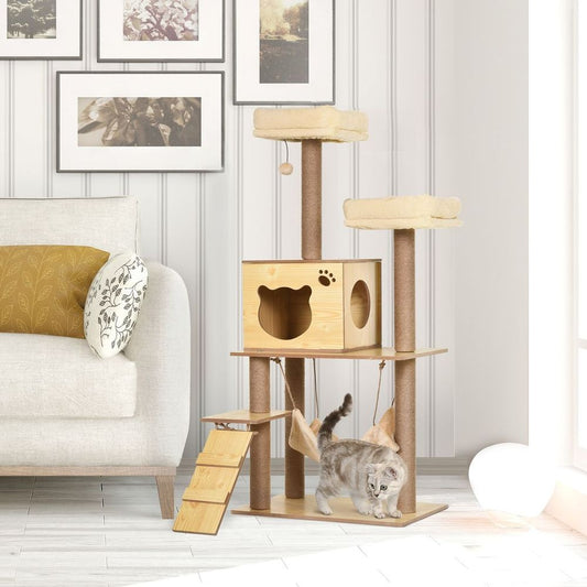 PawHut 130cm Multi-Level Cat Tree Tower with Hideaway & Hammock for Indoor Cats, Beige