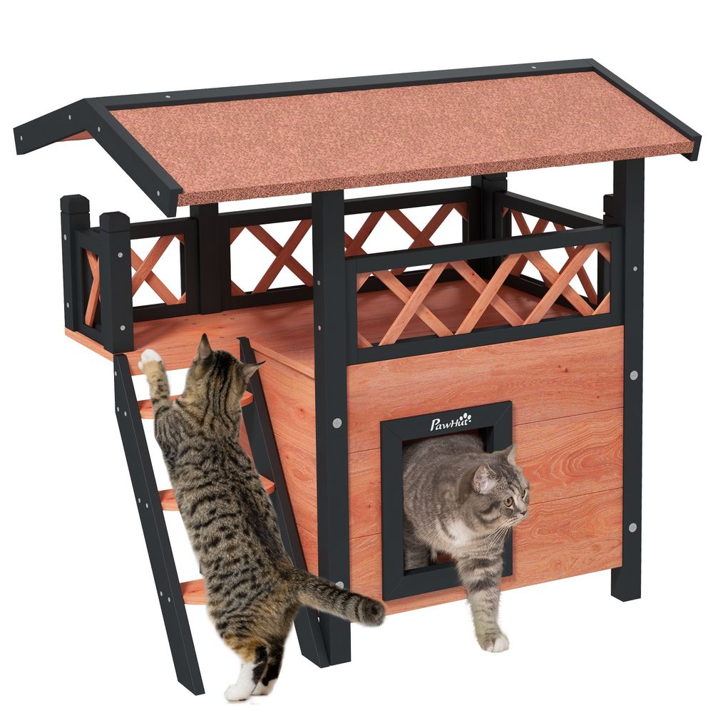 PawHut Outdoor Cat House with Balcony, Stairs & Roof - Brown