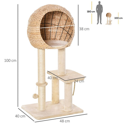 PawHut 100cm Cat Tree Tower with Scratching Post & Hideaway for Indoor Cats, Beige