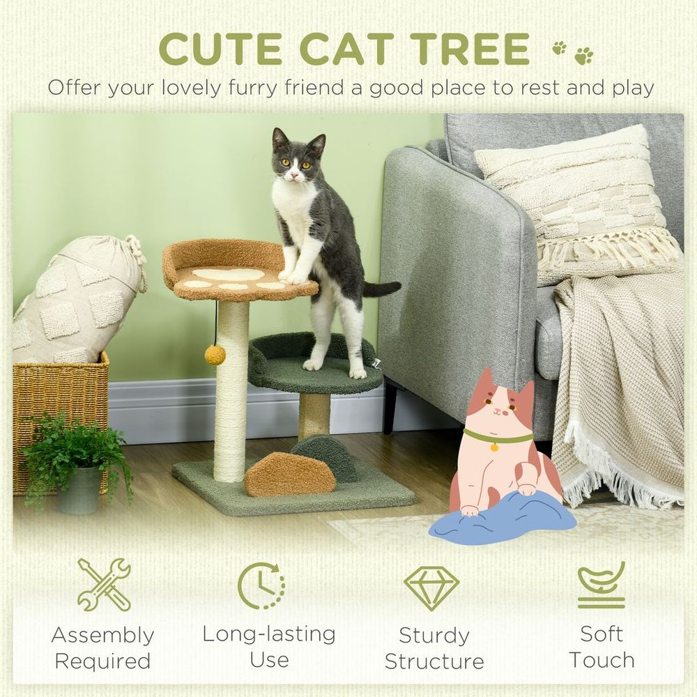 PawHut 52cm Cat Tree for Indoor Cats - Scratching Posts with Two Beds & Toy Ball, Green/Brown/Beige